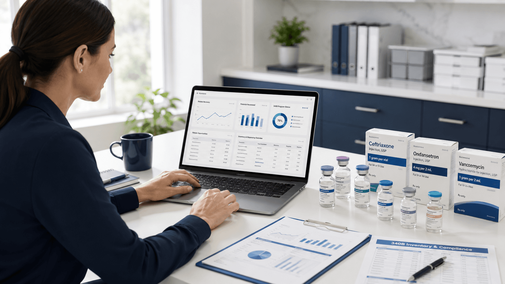 Healthcare operations specialist reviewing a rebate recovery and 340B program dashboard, with injectable medication vials and a 340B inventory and compliance report on the desk